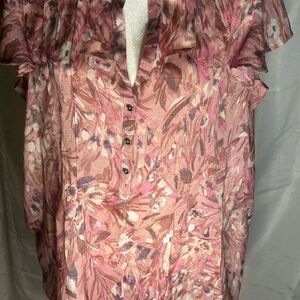 Coconut Woman 2X Pink Floral Flutter Sleeve Henley Blouse Pintuck Pleated Top